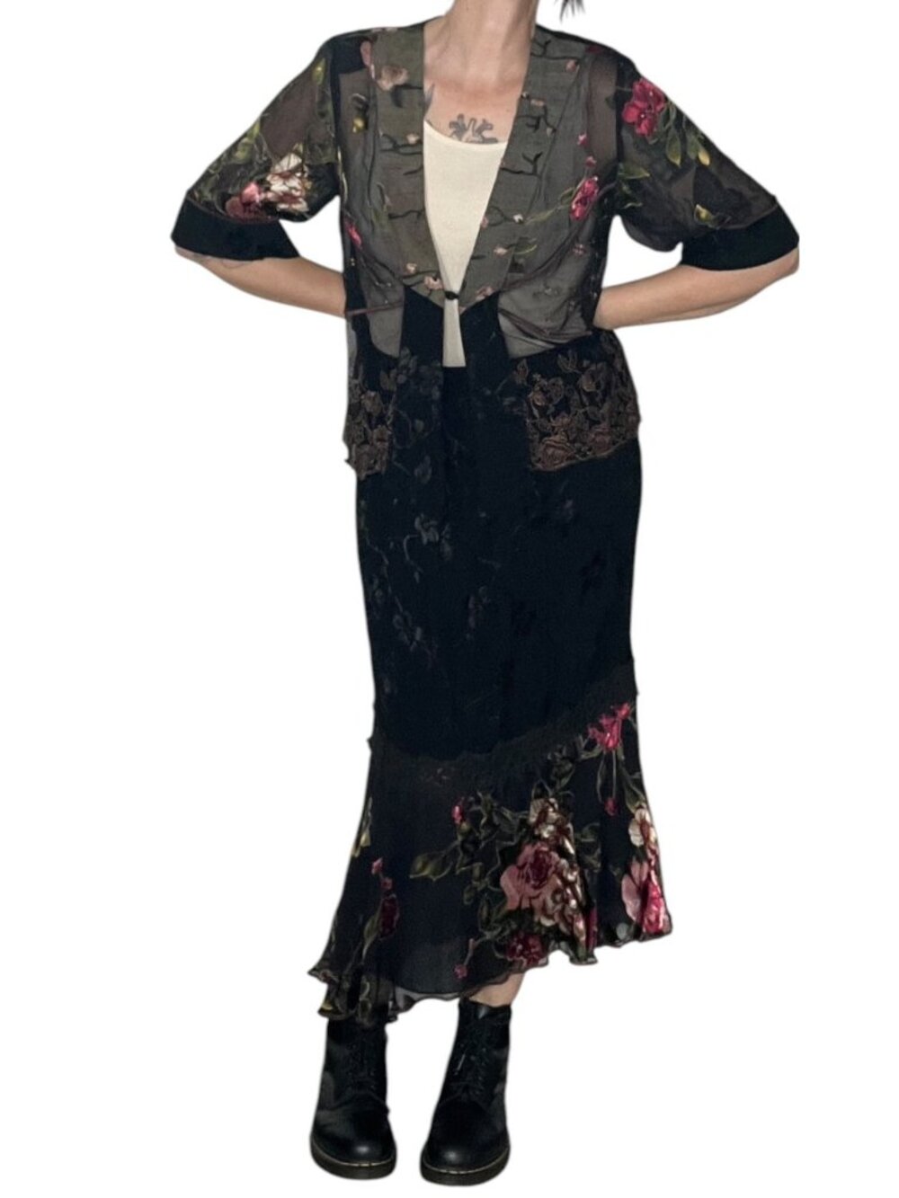 Vintage 90s Spencer Alexis Skirt Set Sheer Floral Patchwork Boho Whimsygoth M/L